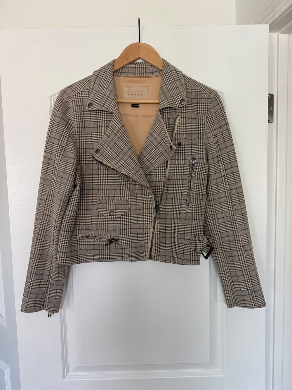Blank NYC Plaid Cropped Moto Blazer in Tan and Black